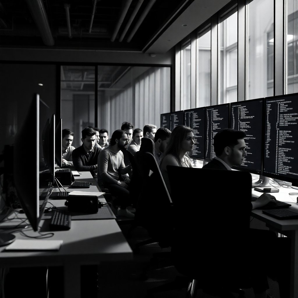 Dramatic black and white image, strong hard light, sharp shadows, of a modern web development office. Diverse team of developers are intensely focused on tasks, their expressions showing concentration.